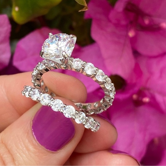 New Timeless Silver Eternity LC White Sapphires Wedding Band and Engagement Ring - Picture 16 of 17